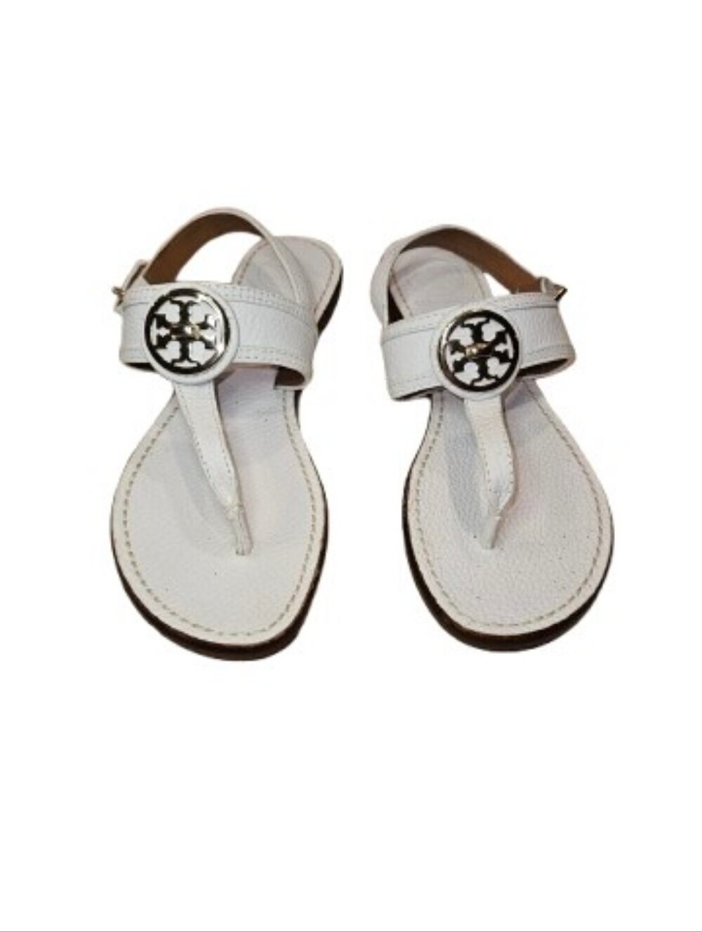 Tory Burch Selma White Leather Slingback Thong Flat Sandals Gold Logo Size 7.5